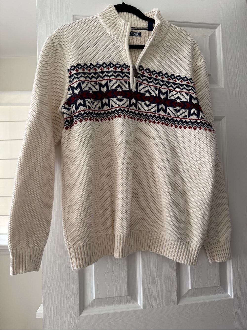 Izod Cream Half-Zip Fair Isle Sweater with Navy & Burgundy Pattern